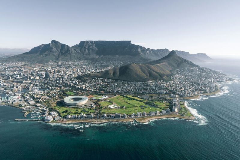 Aerial view of Cape Town beneath Table Mountain